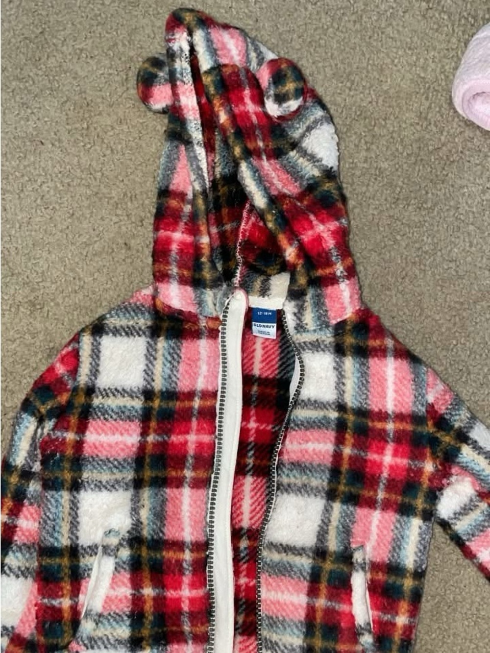 Old Navy Pink Red Plaid Fleece Zip Hoodie with Ears